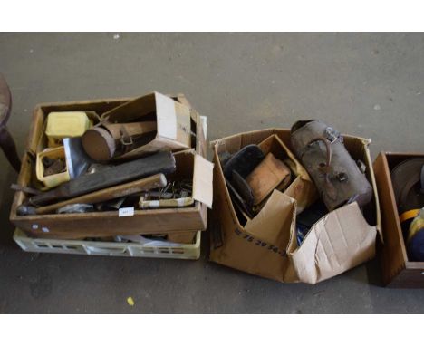 Three boxes of various fittings, tools and other sundry items relating to horse harness construction
