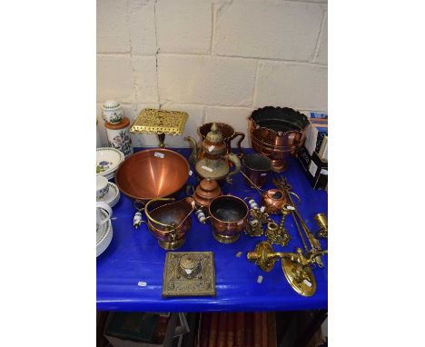 Collection of various brass and copper wares to include jardinieres, trivets, wall sconce,fire tools and other items
