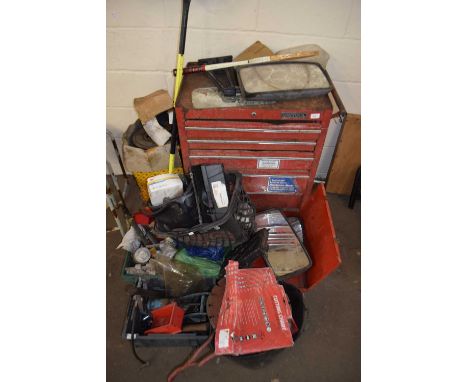 Metal tool chest and large quantity of various tools and garage clearance items, a vintage Stop Works sign