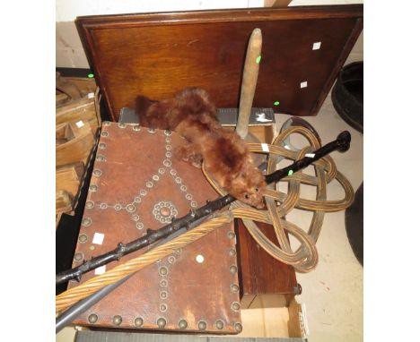 A brass studded slipper box; a posser; a briar walking stick; a shooting stick; a bed tray; a fur collar; a 19th century 2 di