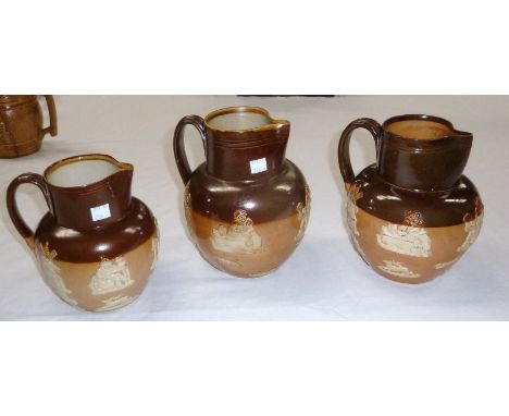 Three Doulton stoneware hunting jugs of graduated sizes, 7½" - 6½"
