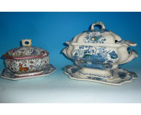 A Mason's "Fruit Basket" octagonal soup tureen with cover, ladle and stand; a smaller continental covered tureen with stand (