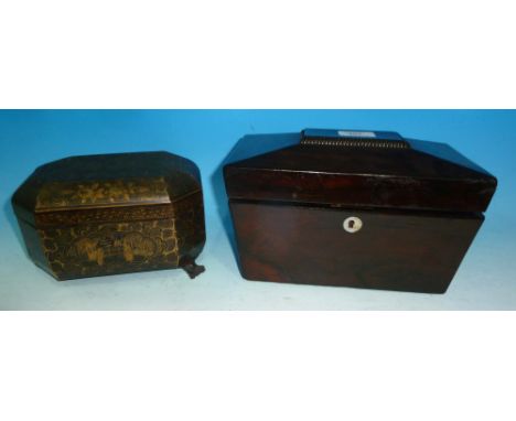 An early 19th century sarcophagus tea caddy with 2 internal divisions, length 10"; an oriental octagonal black lacquer tea ca