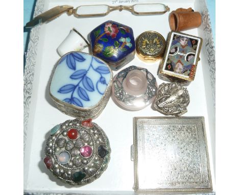 A chased hallmarked silver compact; a lorgnette/clip brooch; modern miniature boxes