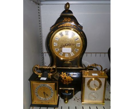 A reproduction black lacquered bracket clock and 2 reproduction mantel clocks