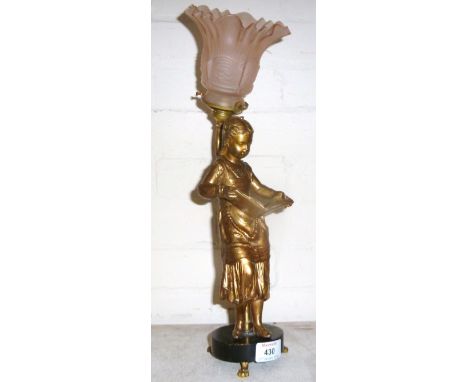An Art Deco figural lamp with girl chorister, pink moulded glass shade