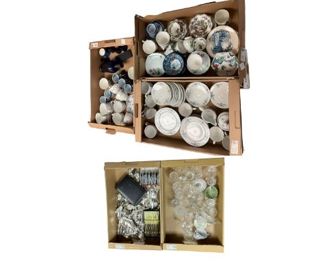 Collection of silver plated flatware, together with glassware, decanter and other collectables in five boxes  