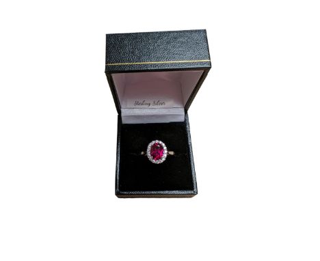 Silver simulated ruby and cubic zirconia cluster ring, stamped 925, boxed Condition Report:Size R