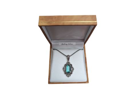 Silver green quartz and marcasite pendant necklace, stamped 925, boxed 