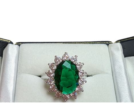 Silver green stone and cubic zirconia cluster ring, stamped 925, boxed Condition Report:Size S, head H2cm