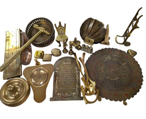 Brass 100 year calendar 1984-2083, brass cribbage board, multi function hammer and other brass miniatures and novelties
