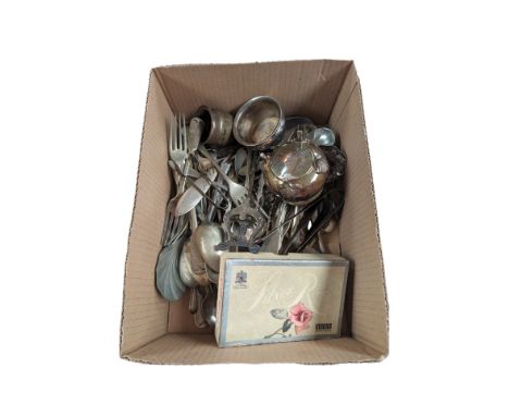 Collection of silver plated items, including salts, flatware, etc