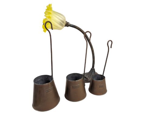 Three copper cider measuring cups and a Supreme desk lamp with fluted glass shade