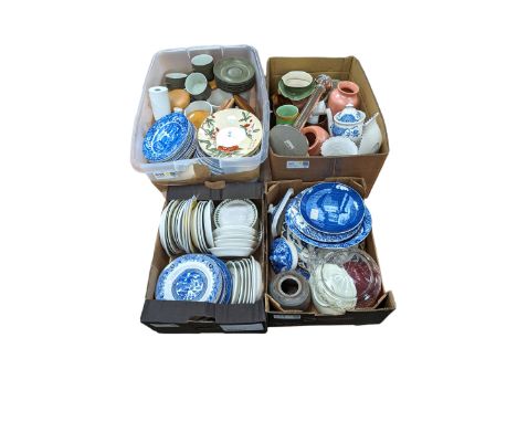 Blue and white ceramics, including Spode Italian pattern, Portmeirion etc, in four boxes 