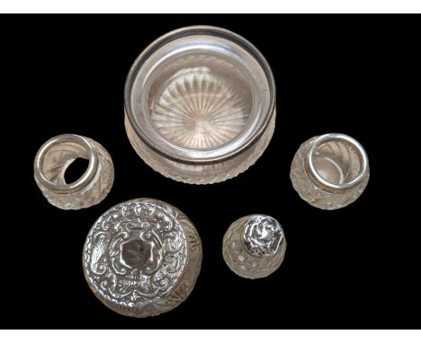 Silver mounted items, including cut glass bowl and salts all with hallmarked silver collars and a scent bottle and jar with h