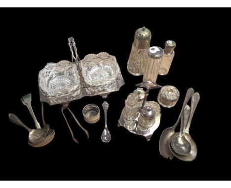 Silver plate, including Walker & Hall four piece faceted glass cruet set on stand, cutlery, glass jars, sugar caster and a tw