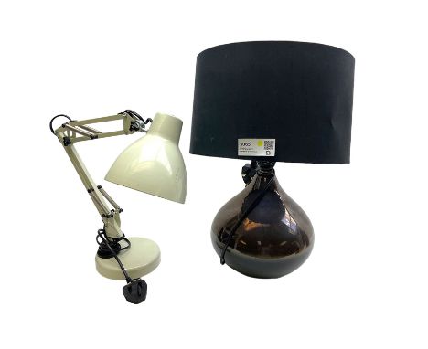 Ceramic table lamb of bulbous form with lustre finish, and fabric shade, overall H49cm, together with a metal adjustable desk