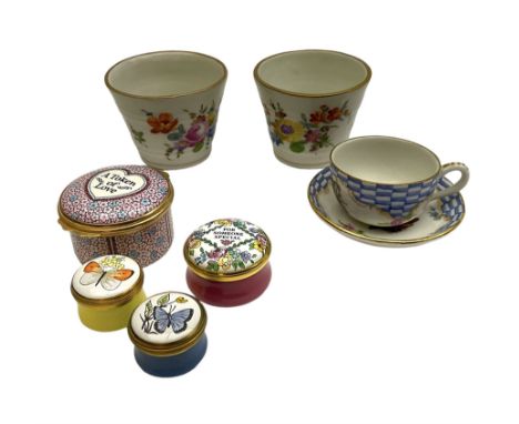 Pair small Dresden cache type pots, decorated with floral sprays, a miniature Meissen style teacup and saucer, and four ename