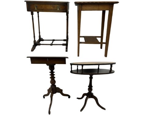 Victorian mahogany work table, rectangular top with rounded corners over single frieze drawer, on turned pedestal with three 