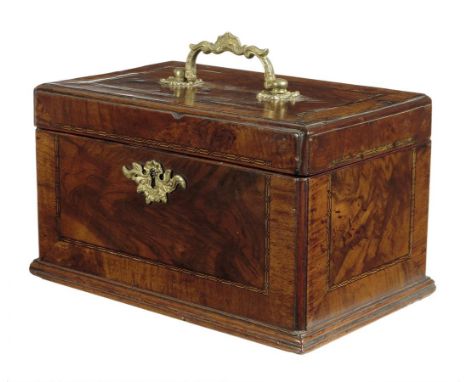  A George II walnut tea caddy, inlaid with stringing and with a cast rococo brass handle, the interior with four divisions, 1