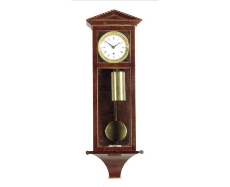 A small Viennese style burr walnut regulator wall timepiece, with a single weight, the white enamel dial with Roman numerals 
