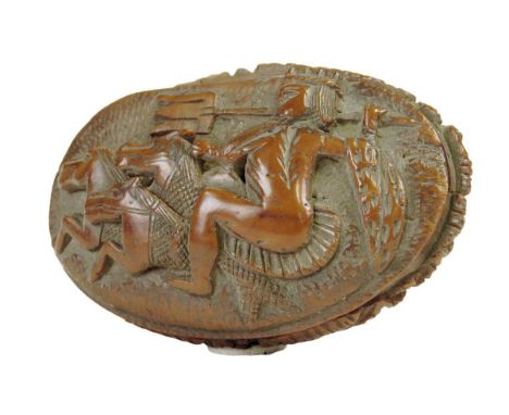  An early 19th century French carved coquilla nut snuff box, the hinged lid carved with Neptune riding three seahorses holdin