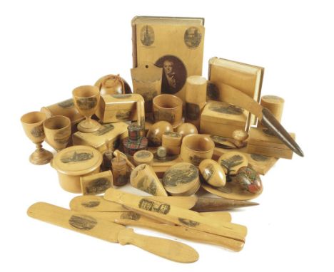  A collection of Mauchline ware, including: a binding of 'The Ballad Minstrelsy of Scotland' decorated with a portrait of Sir