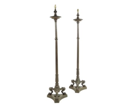  A pair of 19th century bronzed iron standard lamps, each in the form of a ribbed column on tripod monopodia legs and paw fee