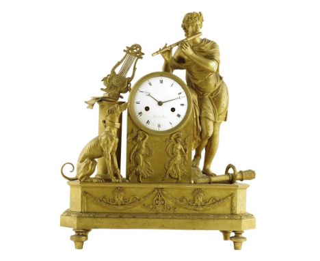  A Restauration ormolu mantel clock, the eight day movement with an outside countwheel striking on a bell, the white enamel d