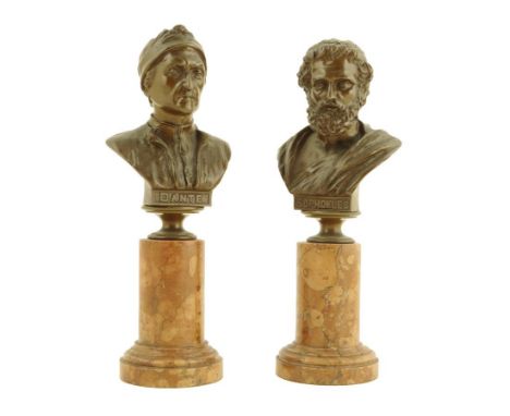  A pair of late 19th century German portrait busts, of Dante and Sophokles, each on a turned marble socle, 19.7cm high. (2) P