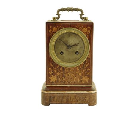 λ A 19th century French rosewood and marquetry mantel clock, the brass movement striking on a bell and stamped 'MJ 480', the 