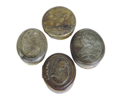  Four late 17th century horn snuff / tobacco boxes, one carved with a coat of arms for Montague and Spencer, one with a portr