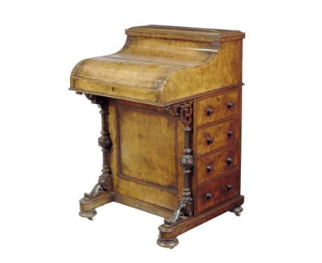 A Victorian burr walnut Davenport, the piano top with a rising stationery compartment, the interior with a pull-out writing 