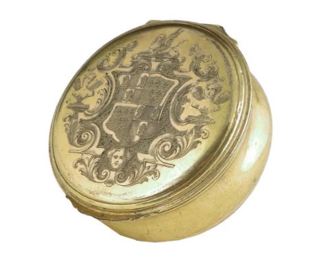  A George II gilt copper snuff box, the hinged lid finely engraved with the arms of Asgill within a cartouche decorated with 