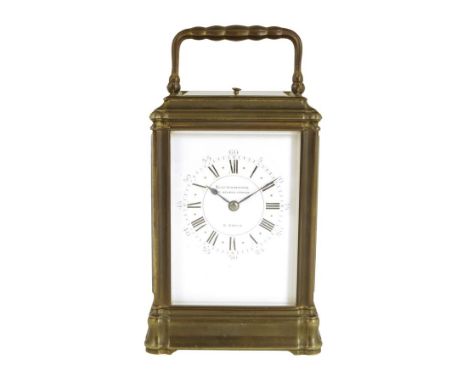  A French gilt brass repeating carriage clock by Henri Jacot, with a silvered platform lever escapement striking on a gong, w