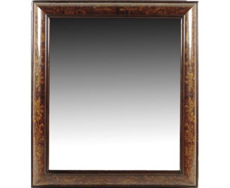  A William and Mary style walnut and floral marquetry wall mirror, with a bevelled plate and a cushion frame, inlaid with scr