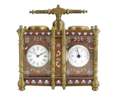  A brass and cloisonne combined clock and barometer, with enamel dials, 13.7cm high, 12.9cm wide.