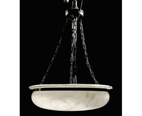  A carved alabaster ceiling light, suspended by four linked brass chains from a baluster and lappet mount, 61cm diameter. mea