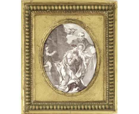  A rare George II Battersea enamel plaque, printed in purple with the Holy Family and the infant St. John after Simon Francoi