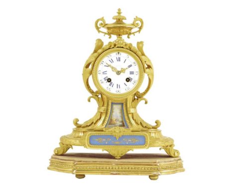  A French porcelain mounted ormolu mantel clock, the white enamel dial with faded signature of 'Grohe, Wigmore Street, London