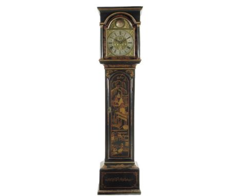  A japanned longcase clock, the eight day movement striking on a bell with a twelve inch brass dial with silvered chapter rin