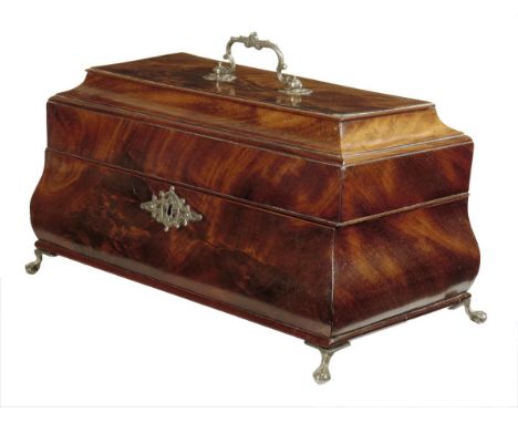  A George III mahogany bombe shaped tea caddy, with a silver swing handle, escutcheon and claw and ball feet, with a vacant i