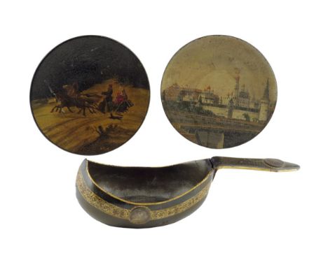  A Russian lacquer kovsh, with gilt decoration and applied with four coins, one dated 1801, 27.3cm long, together with two Ru
