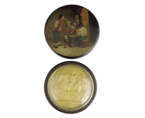 λ An early 19th century French tortoiseshell snuff box, the lid inset a gilt portrait relief of Napoleon on horseback, inscri