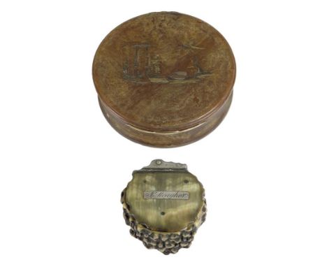  An 18th century horn snuff box, the lid inlaid with gilt brass highlights with a classical ruin scene with a ship and a bird