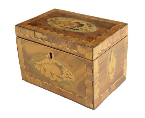  A George III mahogany and marquetry tea caddy, inlaid with stringing and conch shells, the interior with a later plush linin