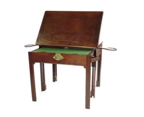  A George II mahogany architect's table, the moulded edged hinged top on a ratchet with a rest on a hook and spring mechanism