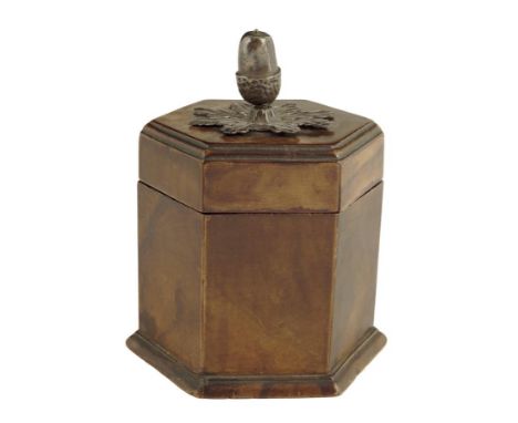  A George II walnut hexagonal tea caddy, with a white metal acorn and oak leaf finial, the vacant interior with a lid, 11.1cm