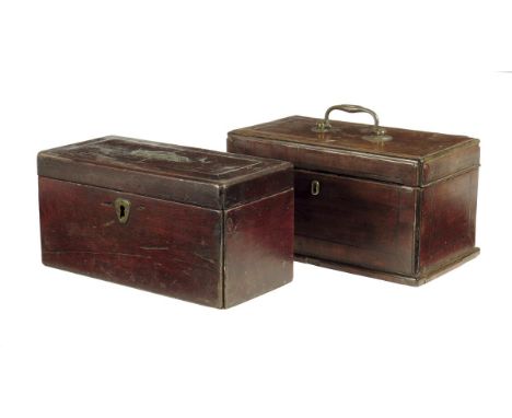  A George II walnut tea caddy, crossbanded and inlaid with stringing, with a brass swing handle, the interior with three divi