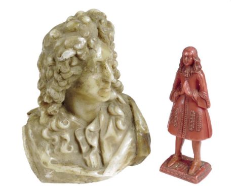  An 18th century wax portrait bust, possibly of Isaac Newton, 23cm high, together with a red wax model of an Elizabethan youn